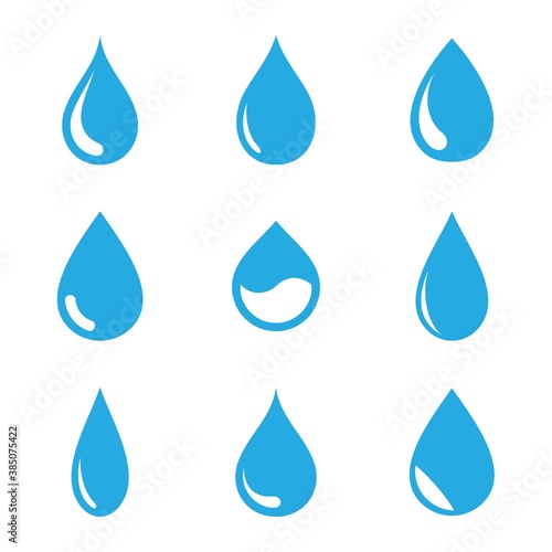 Blue water drop icons on blank background. Droplet water shapes collection.
