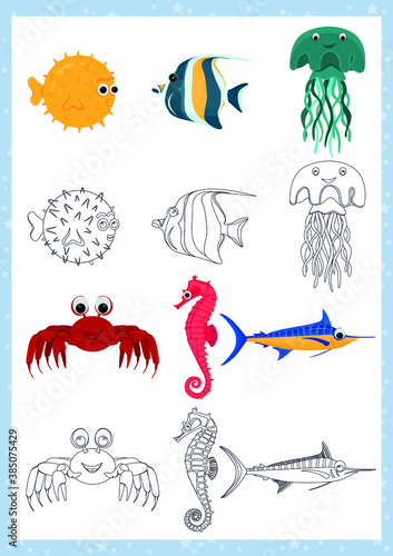 Set of cute marine animals illustrations for coloring page or book. Black outline and color elements isolated on white. Vector drawing.