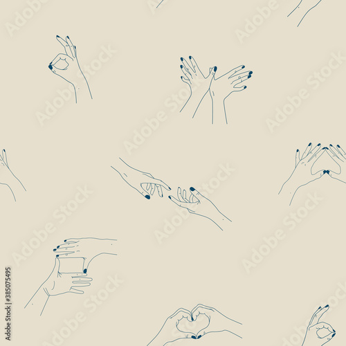 Seamless pattern with human hands. Digital paper with body language. Contour vector illustration with hand gestures. Simple linear sketch. Beige and blue background for fabric  prints  t-shirts