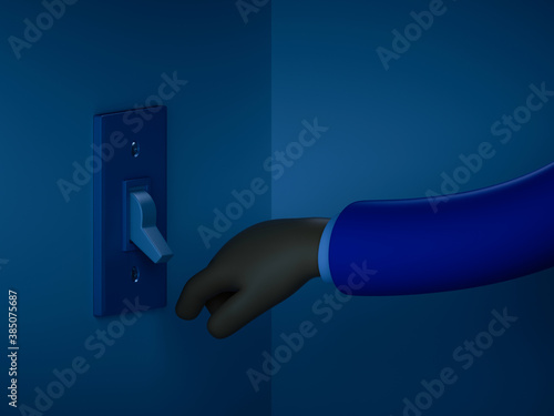 3d render, cartoon character hand in the dark room, electrical light switcher on the wall. Light off. Economical consumption of electricity photo