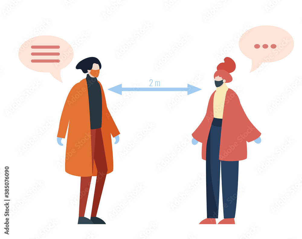 Two people greeting each other while keeping social distance to prevent covid19 transmission. Flat design illustration. Two people greeting each other while keeping social distance to prevent covid19 transmission. Flat design illustration.