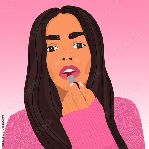Portrait of young girl painting her lips. Pretty woman with lipstick in hand on pink background. Dark haired girl in pink sweater makes makeup. Cosmetic background. Vector flat illustration