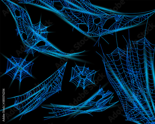 Collection of cobweb for catching insects. Neon abstract Cobweb isolated on dark background. Intricate spider web, halloween concept. 3d vector illustration.