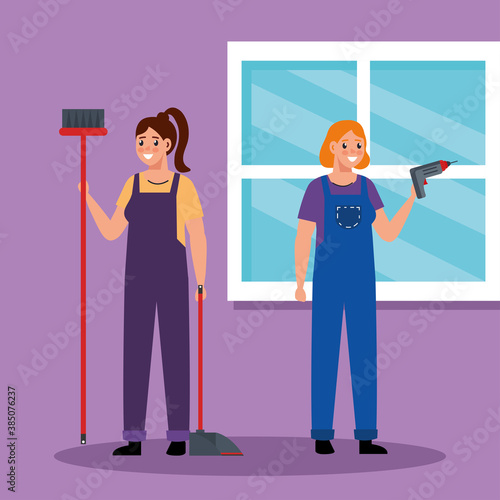 constructer women with drill and broom design of remodeling working and repairing theme Vector illustration