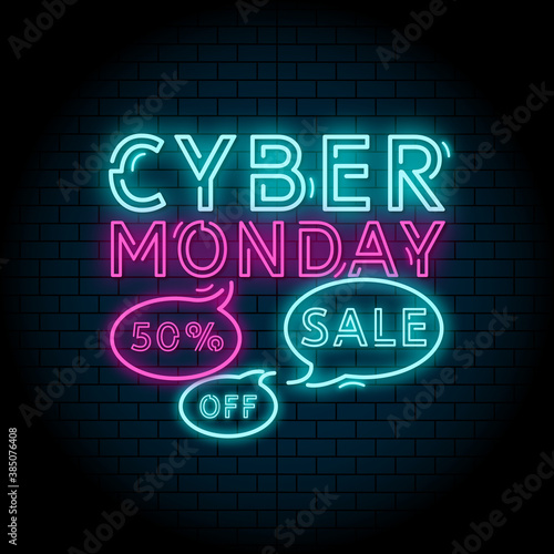 Cyber Monday banner. Big sale retro neon poster 