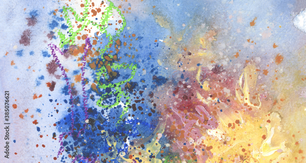 Abstract watercolor smear blot painting. Color long horizontal texture background.