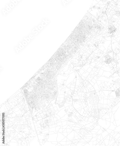Satellite view of the Gaza Strip is a self-governing Palestinian territory on the eastern coast of the Mediterranean Sea. Map, streets of the area