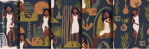 Young girl seamless pattern background set. African afro american group of woman seamless. Vector fashion wallpaper girl power.