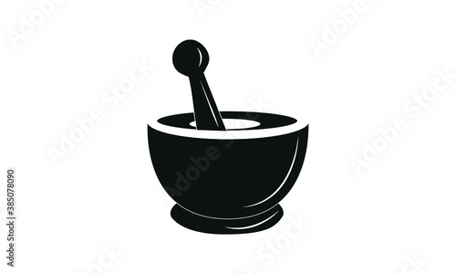 Pharmacy icon. Herbal pharmacy symbol in black on a white background. Linear illustration of mortar icon with bowl, ground spices, spice solution, condiments, spice bowl, ground spices.