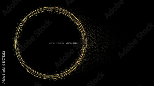 Abstract circle line frame with gold glitter particles flowing isolated on black background in luxury concept for background,  banner, invitation card.