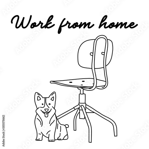 Work from home letter design with chair and dog. Work at home & Work remotely from home. Flexible, home bases, Remote work and Connect the home office. Drawing & Vector
