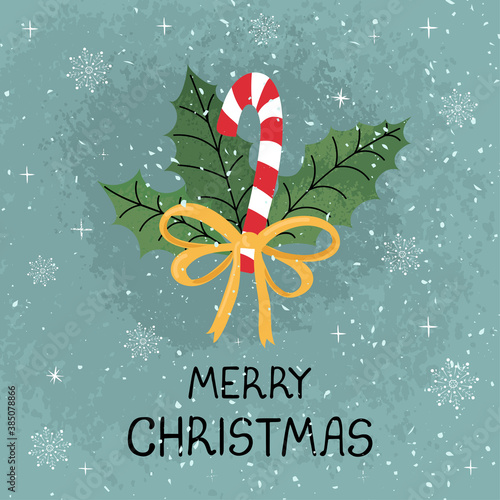 Vector modern greeting card with colorful hand draw illustration of christmas cane. Merry christmas. For design poster, card, banner, t-shirt print, invitation, greeting card, other graphic design