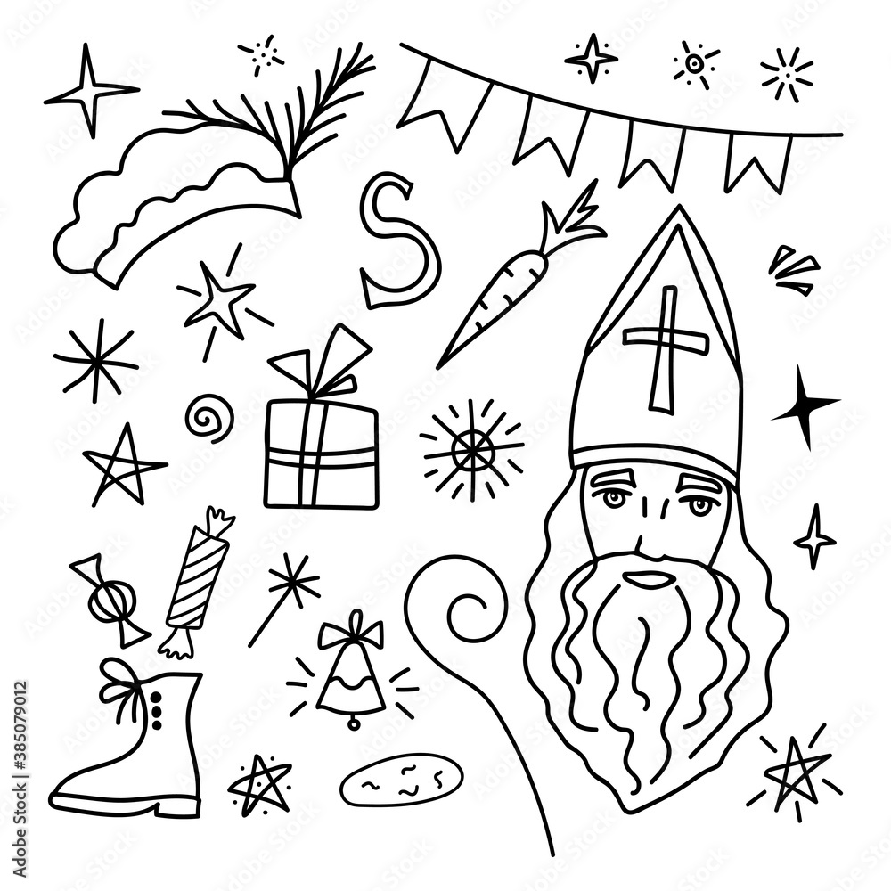 Hand-drawn vector doodle set in black outline. Saint Nicholas Day ...