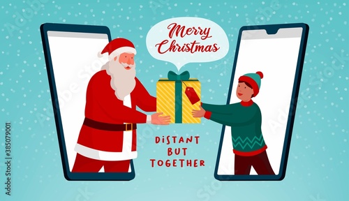Santa Claus giving a virtual gift to a boy for Christmas