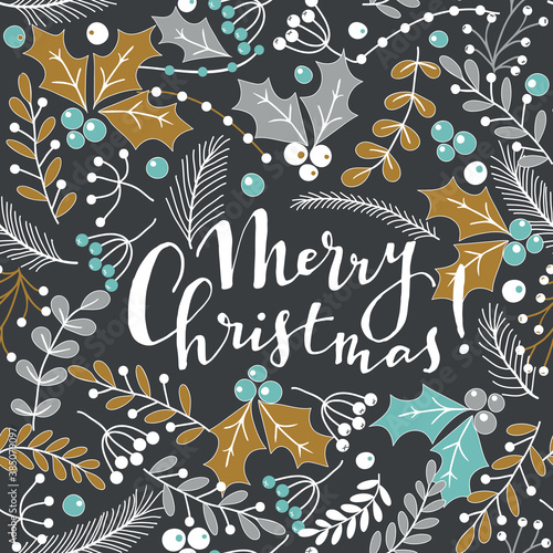 Merry Christmas, Happy New Year greeting card with text. Brochure, poster template in Christmas style. Christmas seamless pattern for greeting cards, wrapping papers. Winter hand drawn background