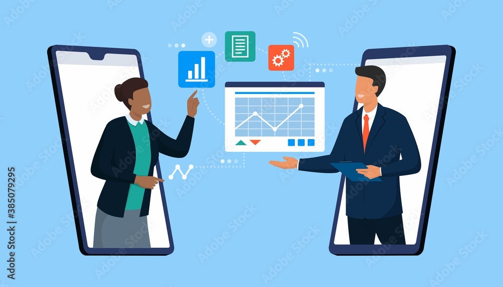 Business people video calling and sharing files Business people video calling and sharing files