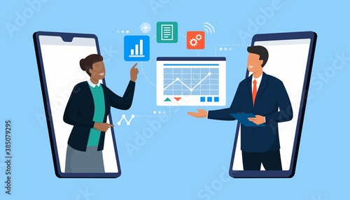 Business people video calling and sharing files