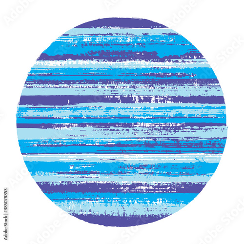 Abrupt circle vector geometric shape with striped texture of paint horizontal lines. Old paint texture disk. Emblem round shape circle logo element with grunge background of stripes.