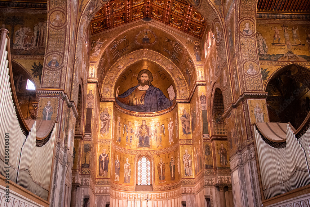 Interior of Roman Catholic Cathedral of Monreale (or Duomo di Monreale, 1267) near Palermo. Byzantine mosaics in the Cathedral of Monreale.