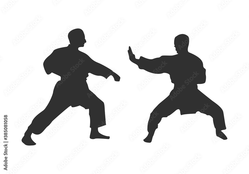 Silueta de personas enfrentándose en karate. 