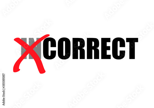 Palabra incorrecto y correcto en fondo blanco.