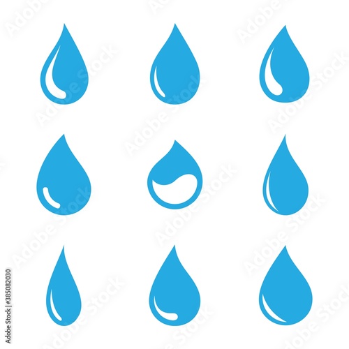 Blue water drop icons on blank background. Droplet water shapes collection.
