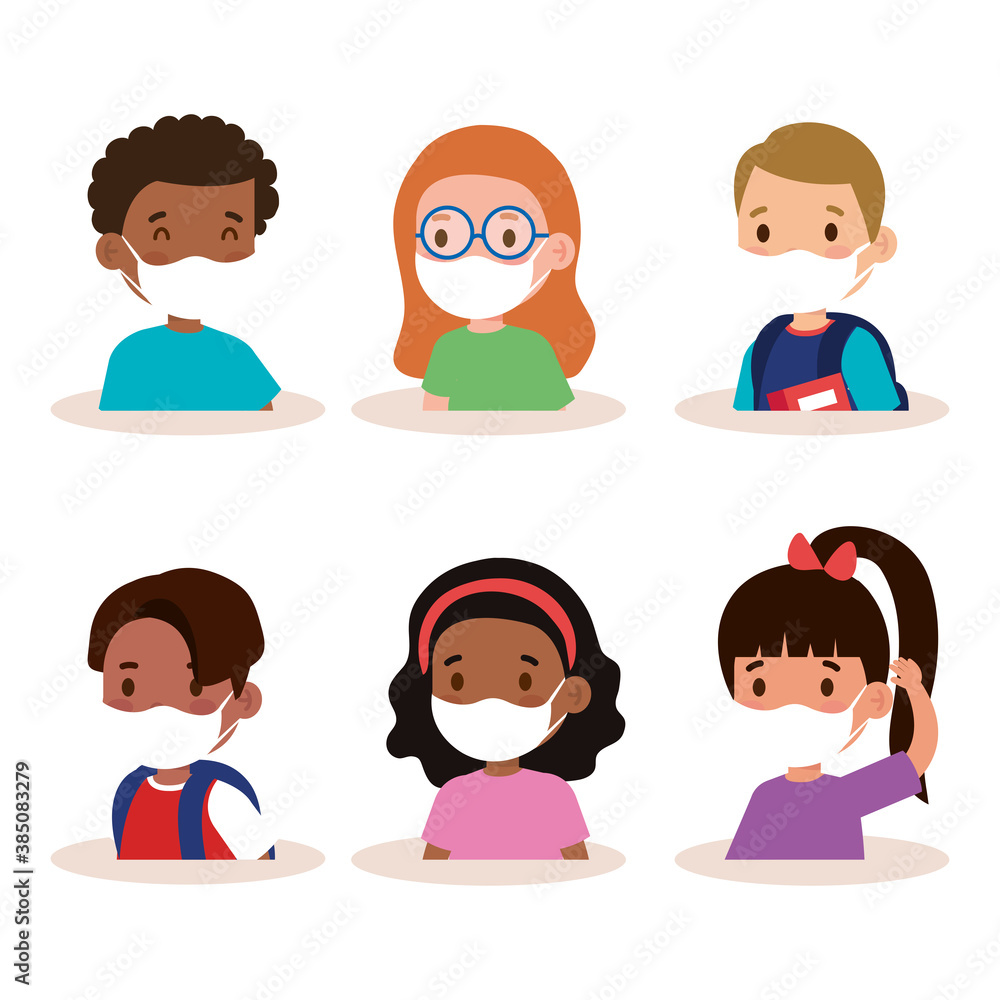 New normal school of girls and boys kids with masks design of covid 19 virus and prevention theme Vector illustration New normal school of girls and boys kids with masks design of covid 19 virus and prevention theme Vector illustration