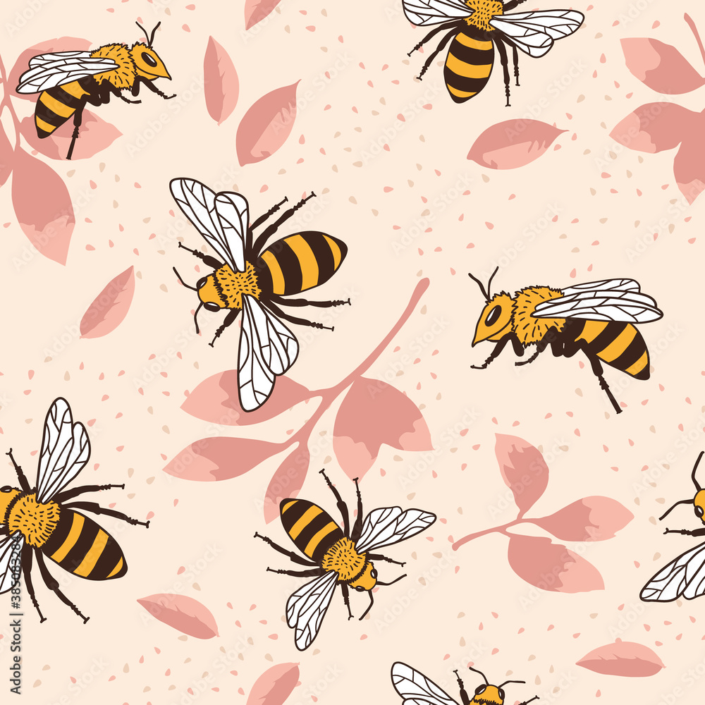 Vector seamless pattern with bees and leaves. Vector seamless pattern with bees and leaves.
