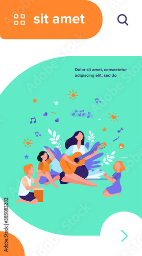 Group of kids clapping hands at their teacher playing guitar. Children enjoying music class outdoors. Can be used for daycare, education, musical school concepts