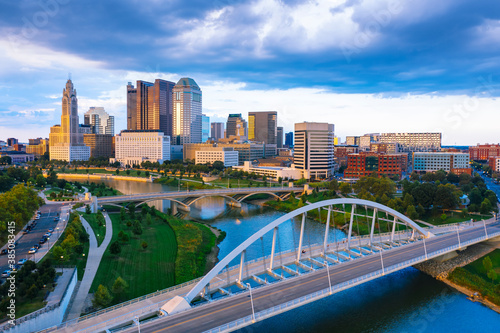 Aerial view of Downtown Columbus Ohio with Scioto river during sunset 