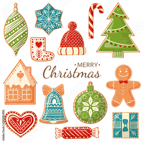 Collection of Christmas gingerbread cookies isolated on white background.  Design for Christmas and New Year card, poster, banner, postcard, print. Vector illustration.