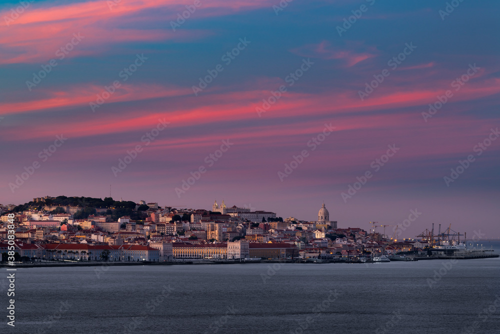Panoramic view of the skyline of the city of Lisbon at sunset, in Portugal