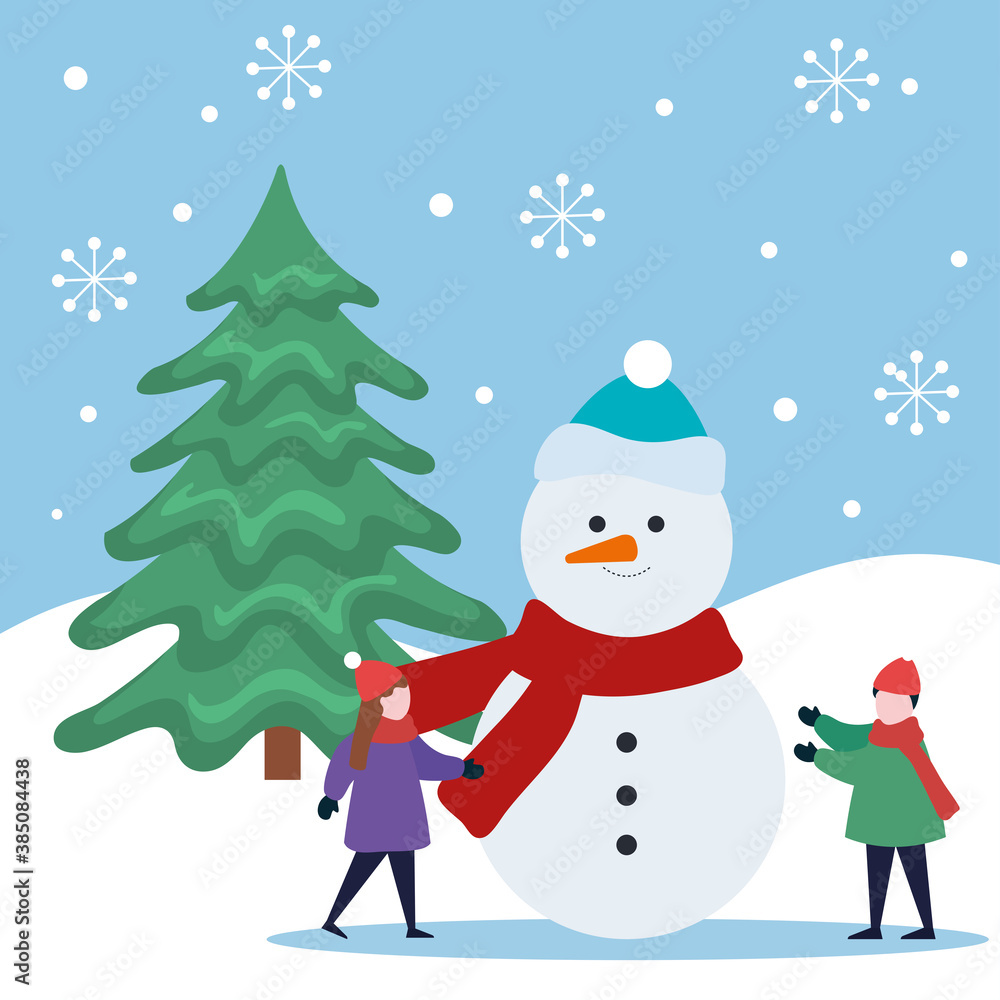 merry christmas boy and girl kids with snowman design, winter season and decoration theme Vector illustration merry christmas boy and girl kids with snowman design, winter season and decoration theme Vector illustration