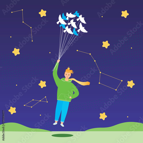 Little prince flying on doves as concept of magic, kindness, fairy tale, flat vector stock illustration with little prince for book