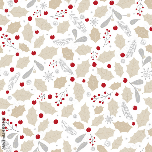 Seamless Christmas pattern with holly leaves and berries on a white background.