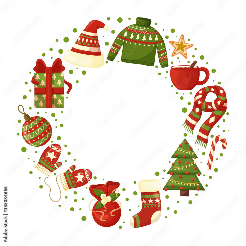 Christmas wreath with seasonal elements. Modern design for Holidays invitation card, poster, banner, postcard, print. Vector illustration. Christmas wreath with seasonal elements. Modern design for Holidays invitation card, poster, banner, postcard, print. Vector illustration.