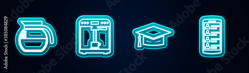 Set line Coffee pot, machine and cup, Graduation cap and Smartphone with contacts. Glowing neon icon. Vector.