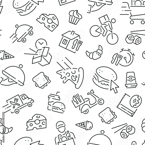 Seamless pattern with food delivery. Black and white thin line icons