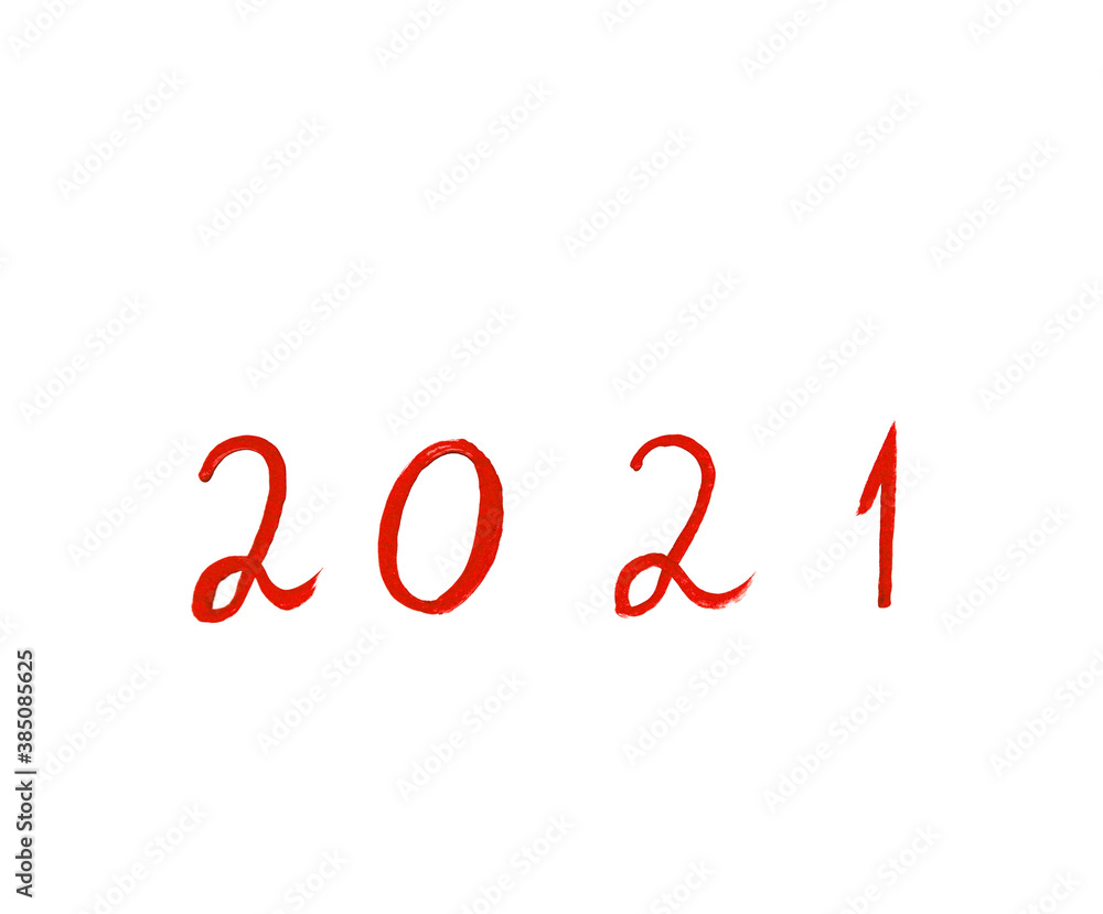 Hand drawn red watercolor sign 2021 on a white background. Hand drawn red watercolor sign 2021 on a white background.
