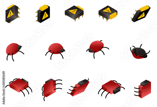 Computer bug isometric icon set isolated on white. Symbols of digital virus and glitch. Vector data danger  concept   illustration. 