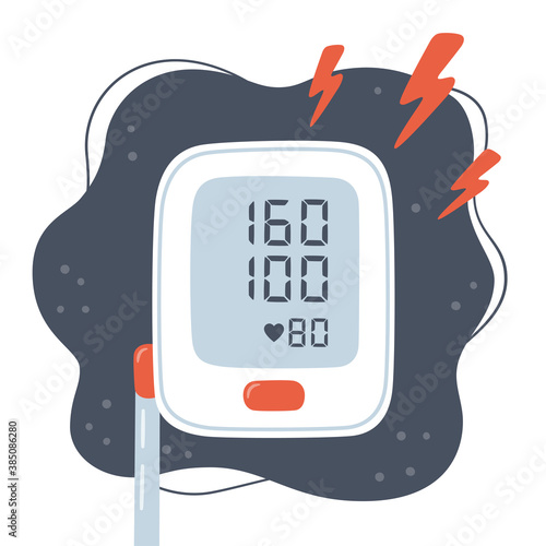 Medical tonometer and high blood pressure. Risk of hypertension. Electronic blood pressure monitor. Digital sphygmomanometer. Vector illustration