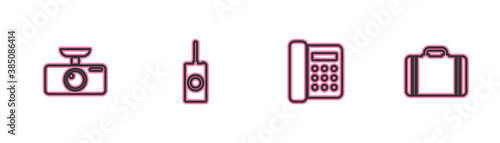 Set line Car DVR, Telephone, Remote control and Suitcase for travel icon. Vector.