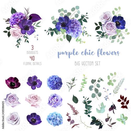Marvelous violet, purple and burgundy anemone, dusty mauve and lilac rose