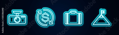 Set line Car DVR, Return of investment, Suitcase for travel and Mountains and flag. Glowing neon icon. Vector.