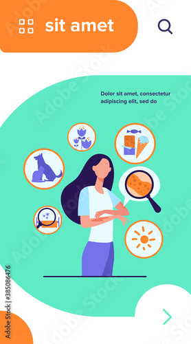 Faceless sad woman suffering from allergy isolated flat vector illustration. Cartoon female character scratching skin with strong eczema. Disease and itching concept