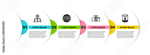 Set line Lead management, Globe with flying plane, Car DVR and Voice assistant. Business infographic template. Vector.