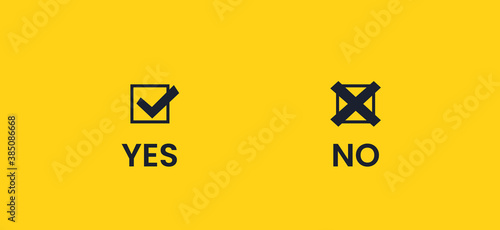 Yes or no. List with a check mark in black on a yellow background. Antonyms vector banner.