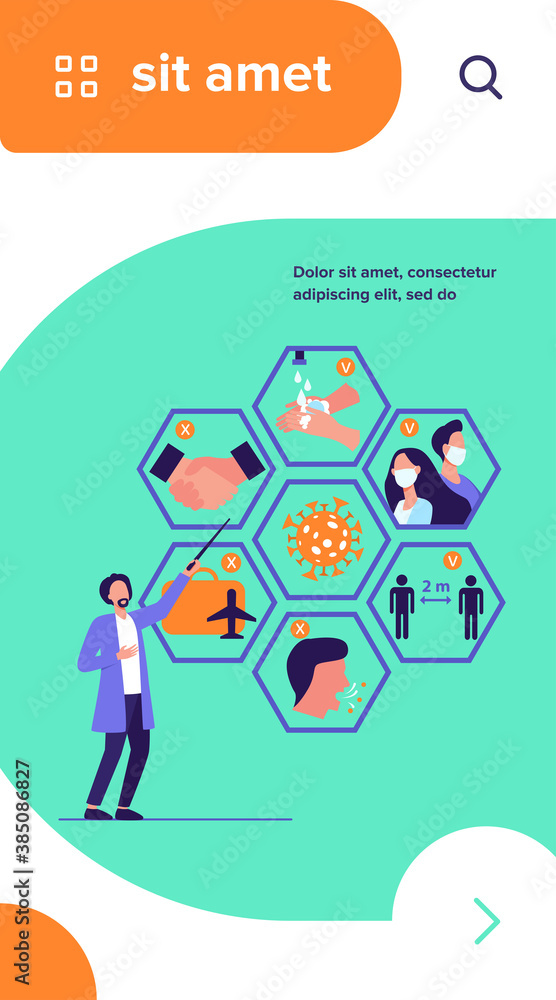 Doctor presenting tips for protection from coronavirus and epidemic spread prevention. Vector illustration for covid 19, symptoms, protection, safety, infection concept Doctor presenting tips for protection from coronavirus and epidemic spread prevention. Vector illustration for covid 19, symptoms, protection, safety, infection concept