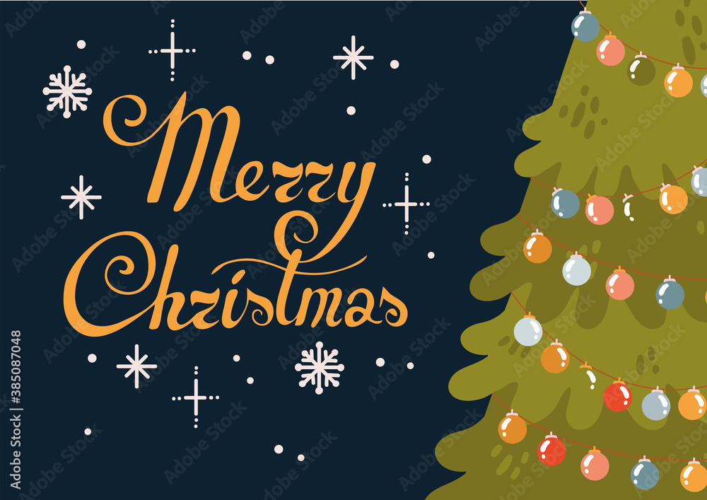 Cute cartoon vector Christmas tree with garland. Merry christmas and happy new year postcard. Lettering Merry Christmas. Sparkles and snowflakes. Vintage greetings