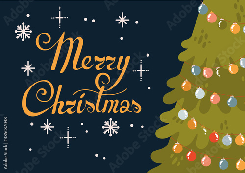 Cute cartoon vector Christmas tree with garland. Merry christmas and happy new year postcard. Lettering Merry Christmas. Sparkles and snowflakes. Vintage greetings